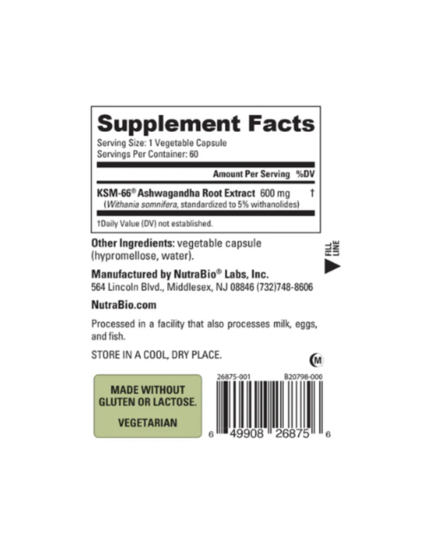 Nutrabio KSM66 Ashwagandha Supplement Facts