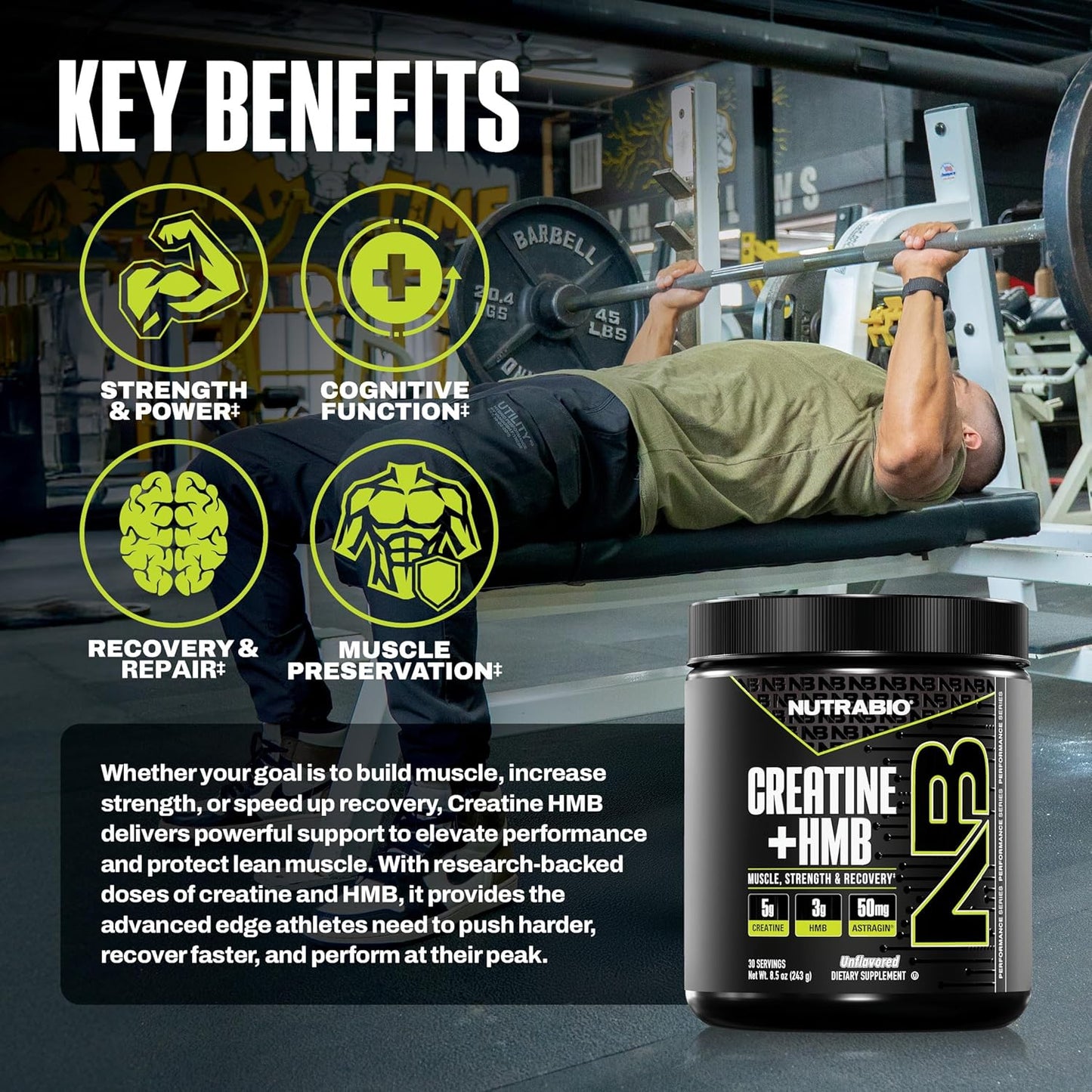 "Nutrabio Creatine Monohydrate Plus HMB Powder Increased Strength Key Benefits-The Supplement Stop"