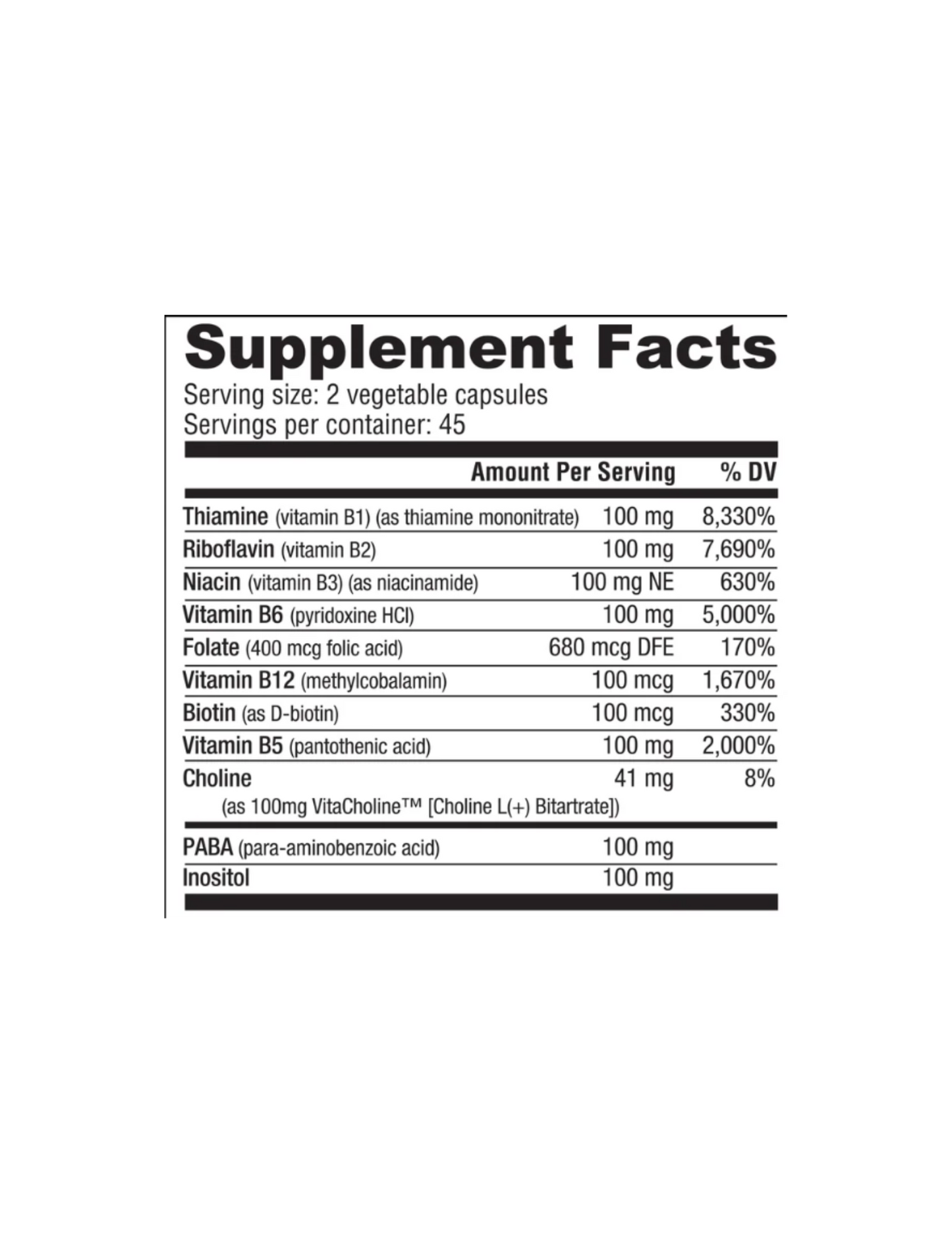 "Nutrabio Vitamin B100 Full Spectrum B-Complex Supplement Facts-The Supplement Stop"