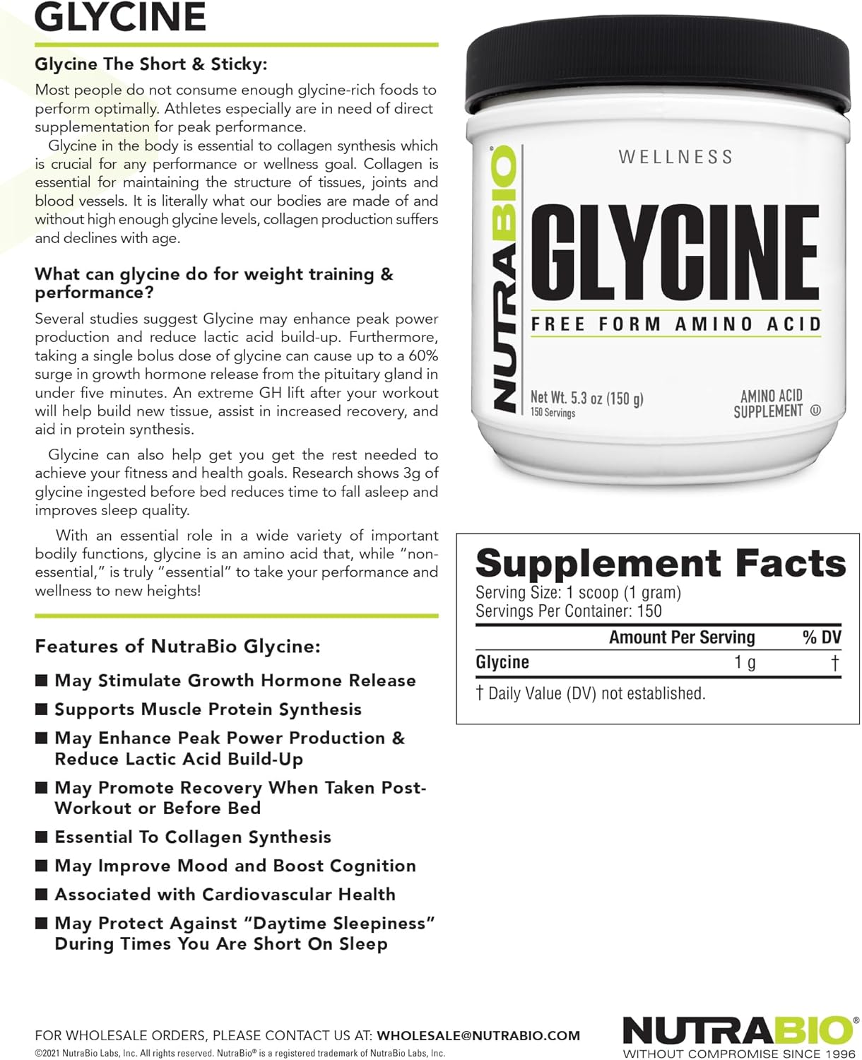 NutraBio Glycine Powder Information-The Supplement Stop