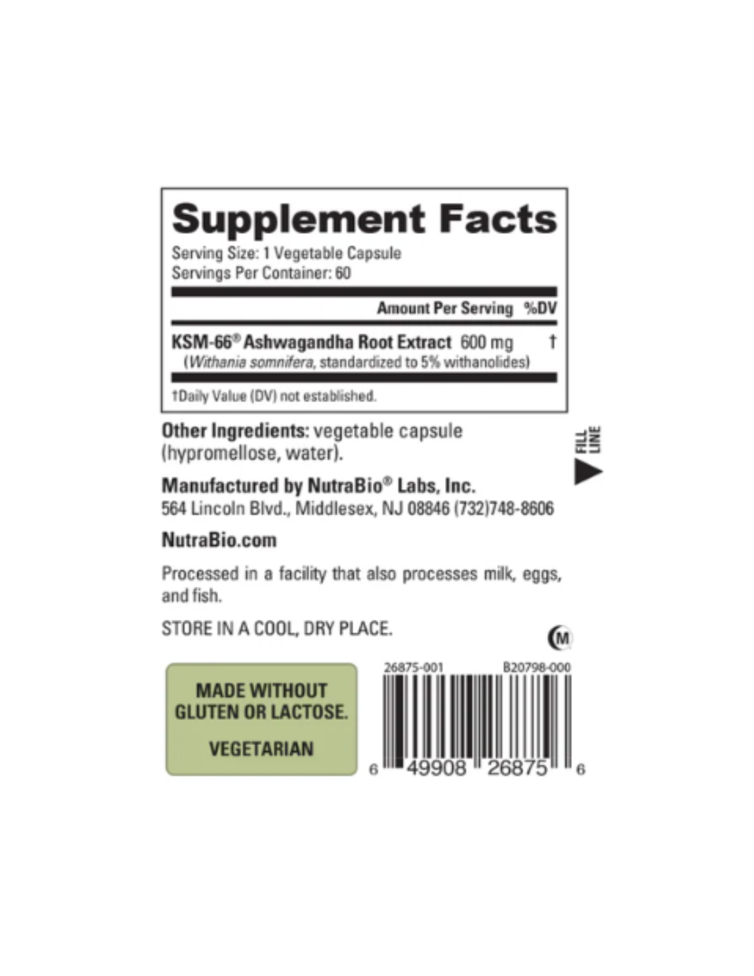 Nutrabio KSM66 Ashwagandha Supplement Facts